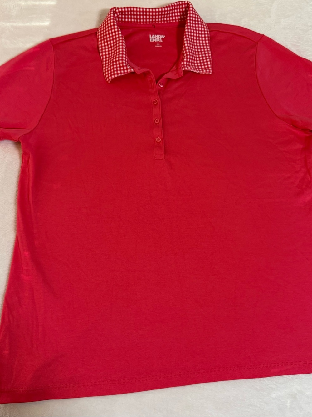 Lands' End Red Polo Top with Gingham Collar